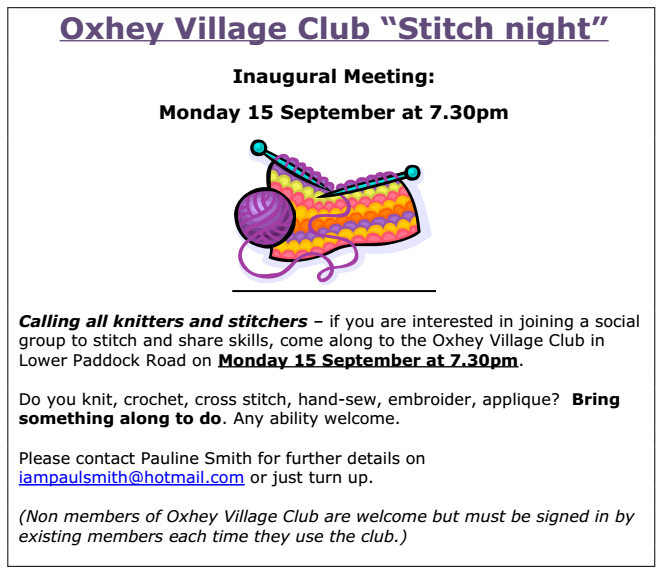 Inaugural stitch night at Oxhey Village club