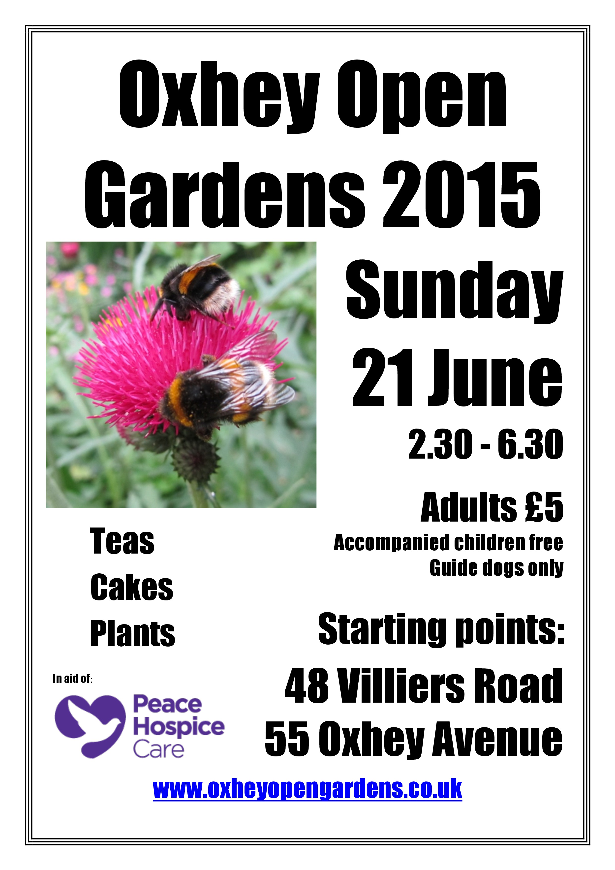A poster for Oxhey Opens Gardens taking place on Sunday 21 June 2015 in Watford