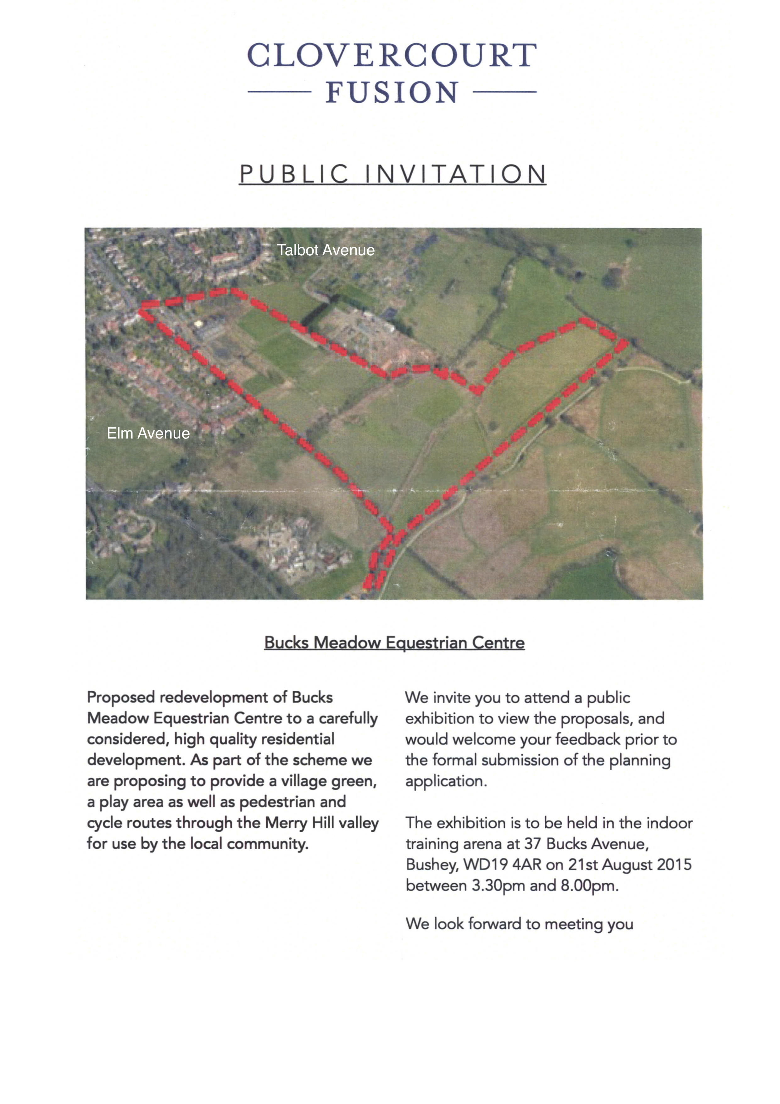 A poster for a public exhibition on 21 August 2015, organised Clovercourt, the developers of Bucks Meadow in Oxhey Village