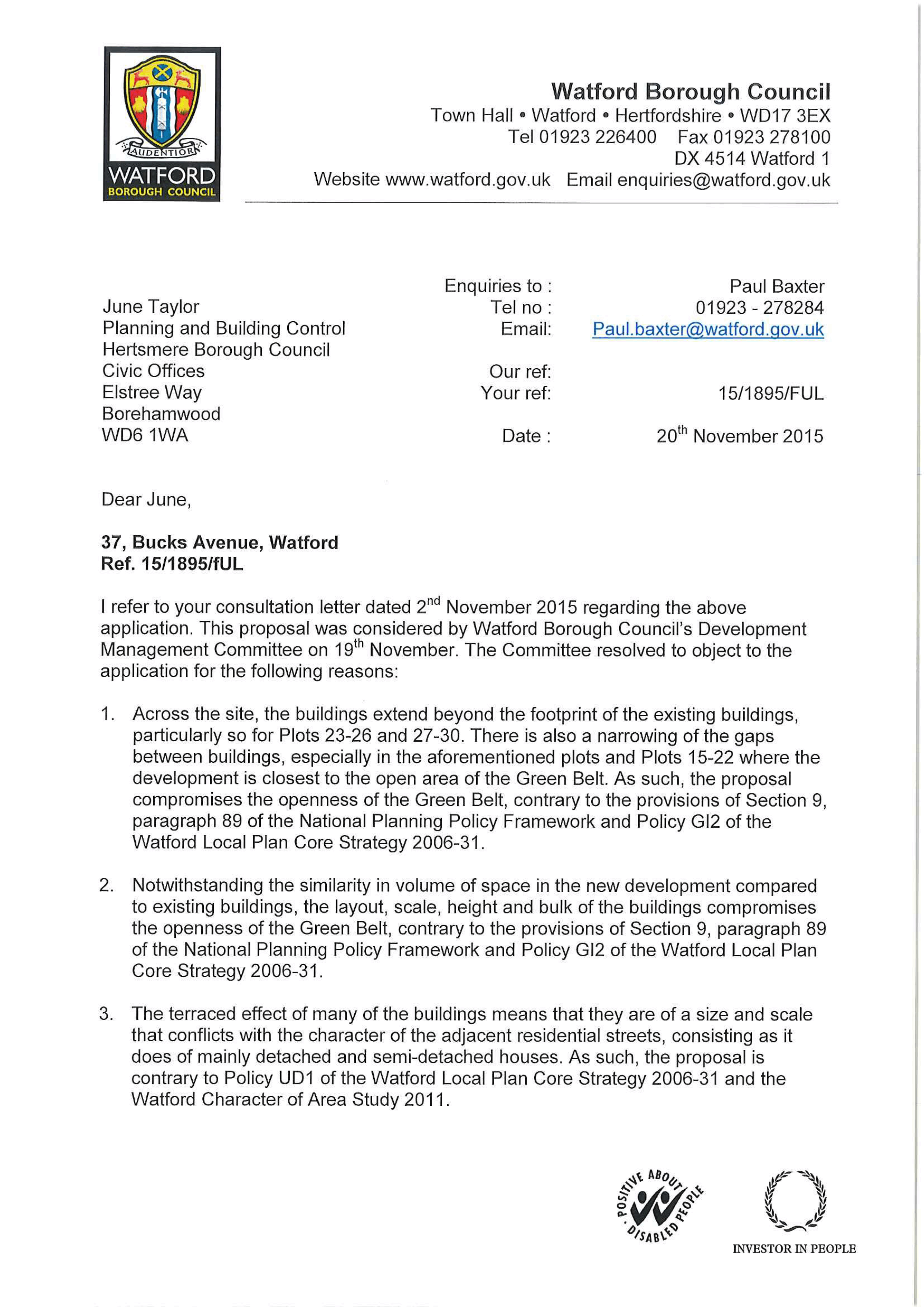 A letter from Watford Borough Council regarding the Bucks Meadow development