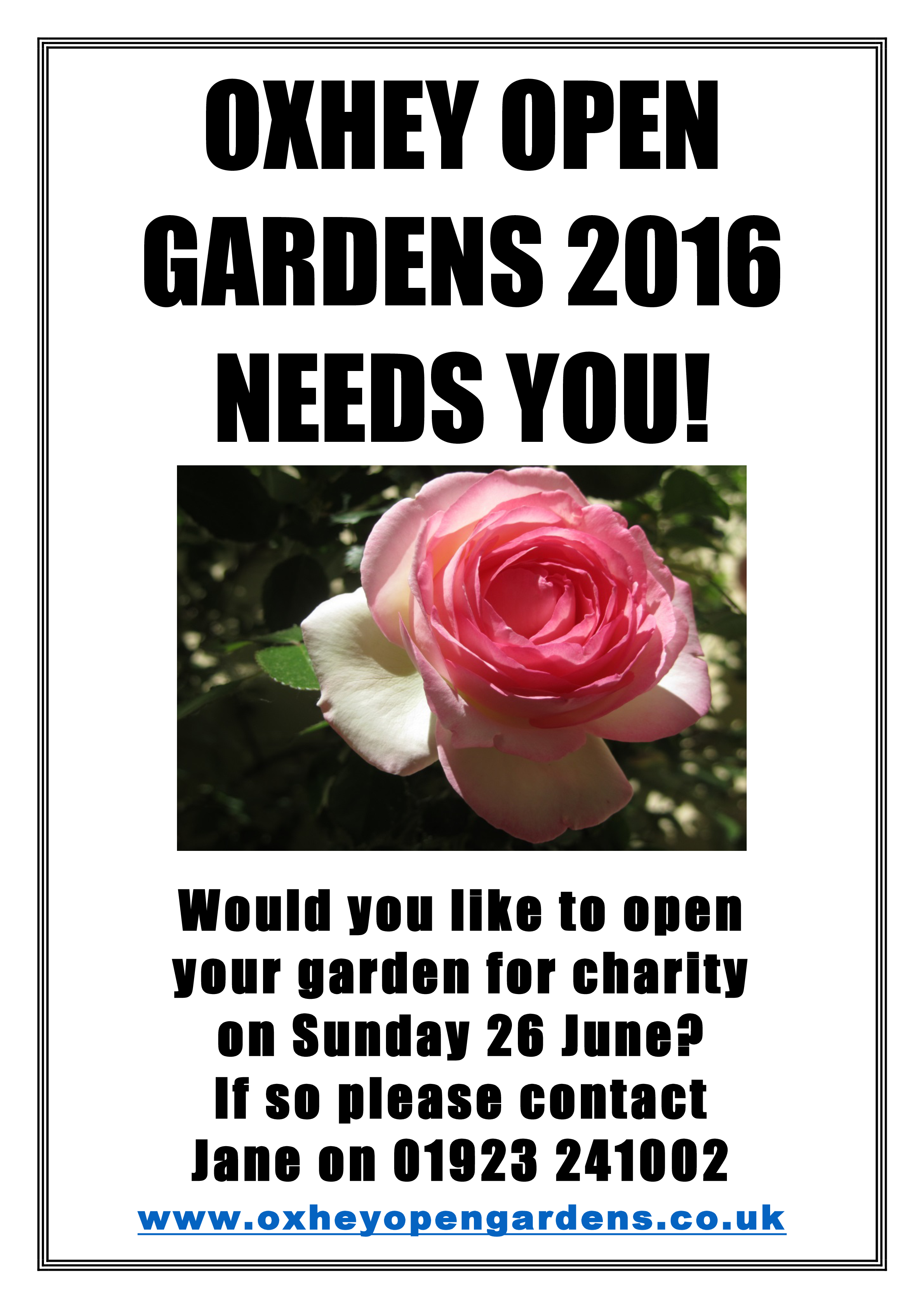 A poster asking people to sign up for Oxhey Open Gardens 2016