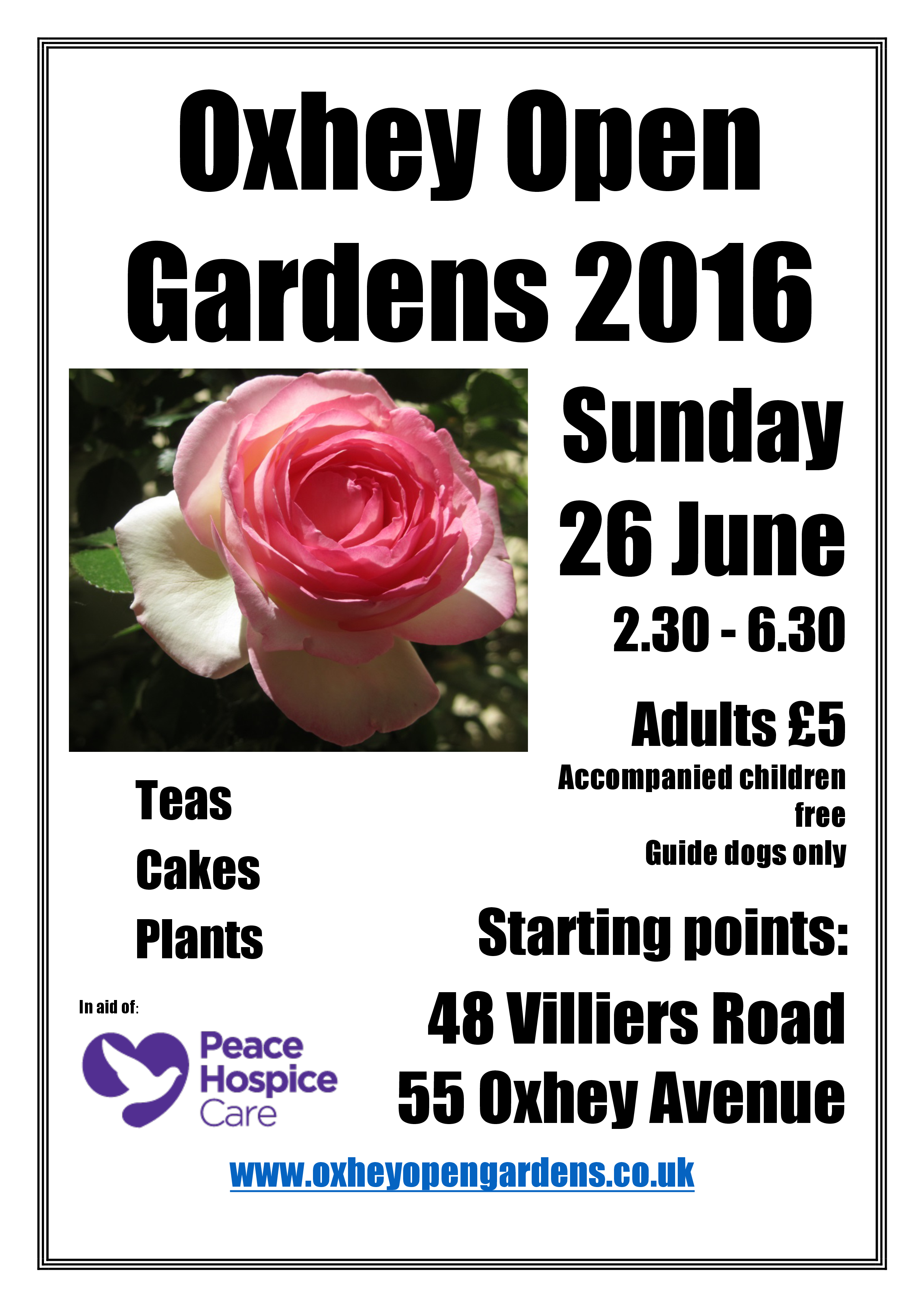 A poster for Oxhey Open Gardens on Sunday 26 June 2016 in Watford