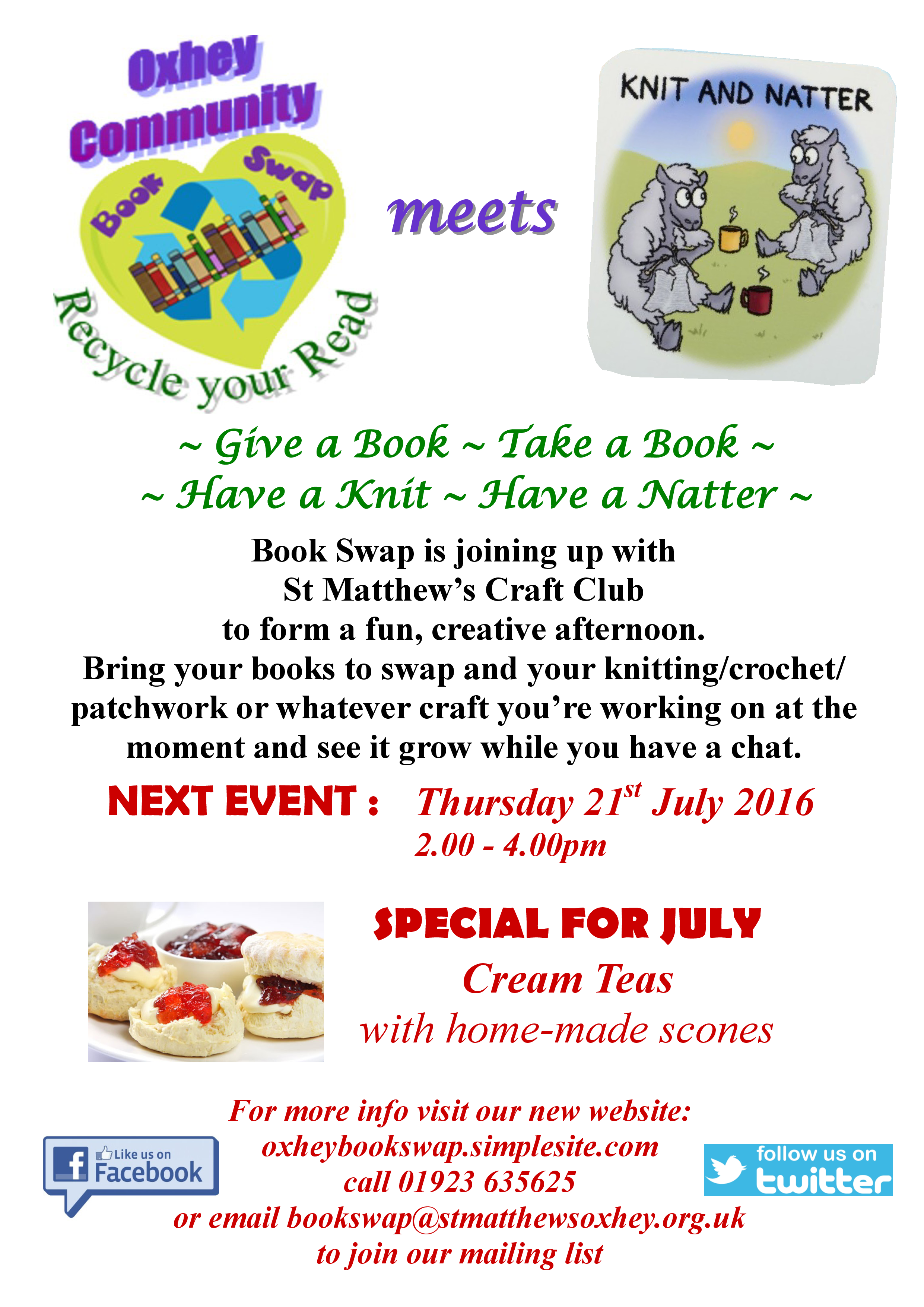 A poster for the book swap at St Matthew's Church Oxhey on 21 July 2016