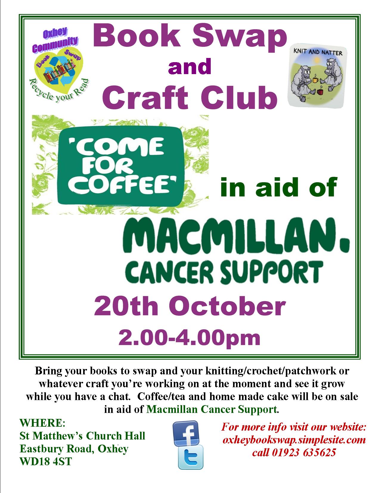 A poster for the 'Come for Coffee' event at St Matthew's Church Oxhey on 20 October 2016, raising money for Macmillan Cancer Support