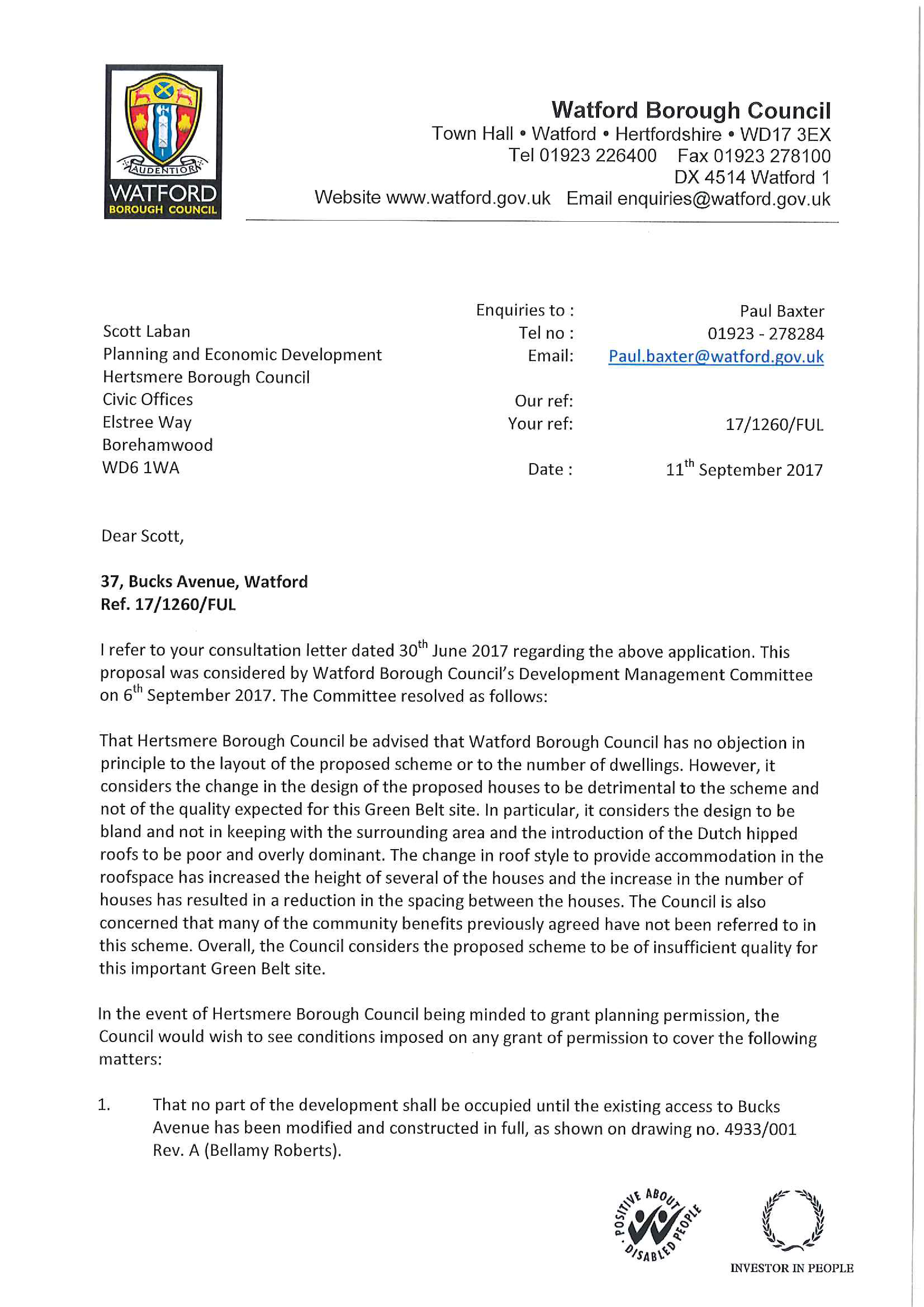 Letter from Watford Borough Council to Hertsmere about issues with Bucks Meadow development