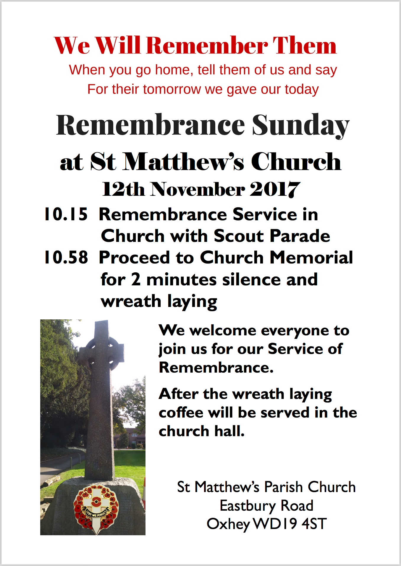 A poster for the Remembrance Sunday event at St Matthew's Church Oxhey on 12 November 2017