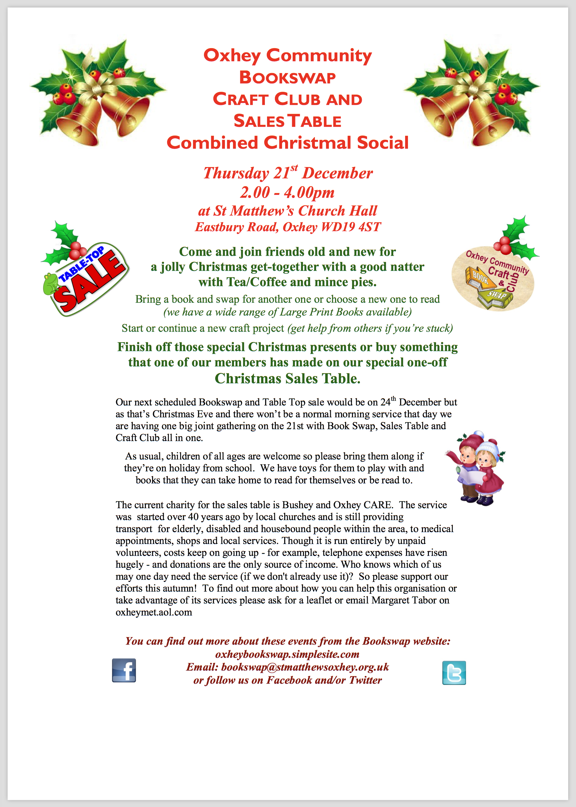 A poster for St Matthew’s Church Christmas social and book swap 21 December 2017
