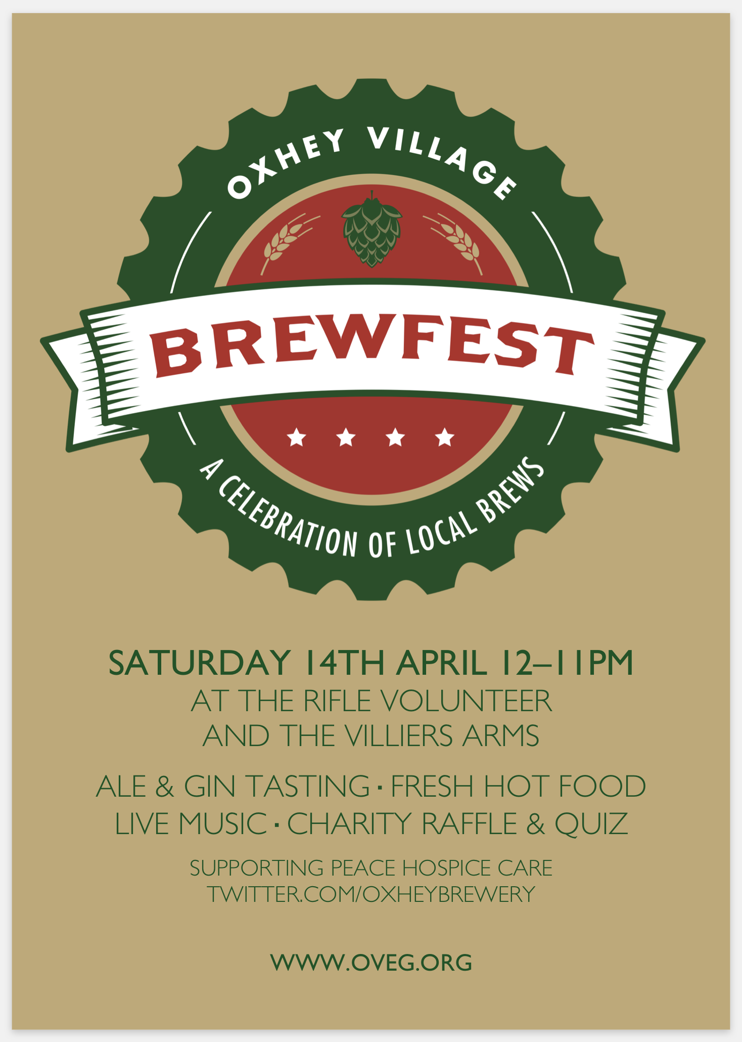 A poster for the Oxhey Village Brewfest, held on 14 April 2018 at the Rifle Volunteer and Villiers Arms pubs