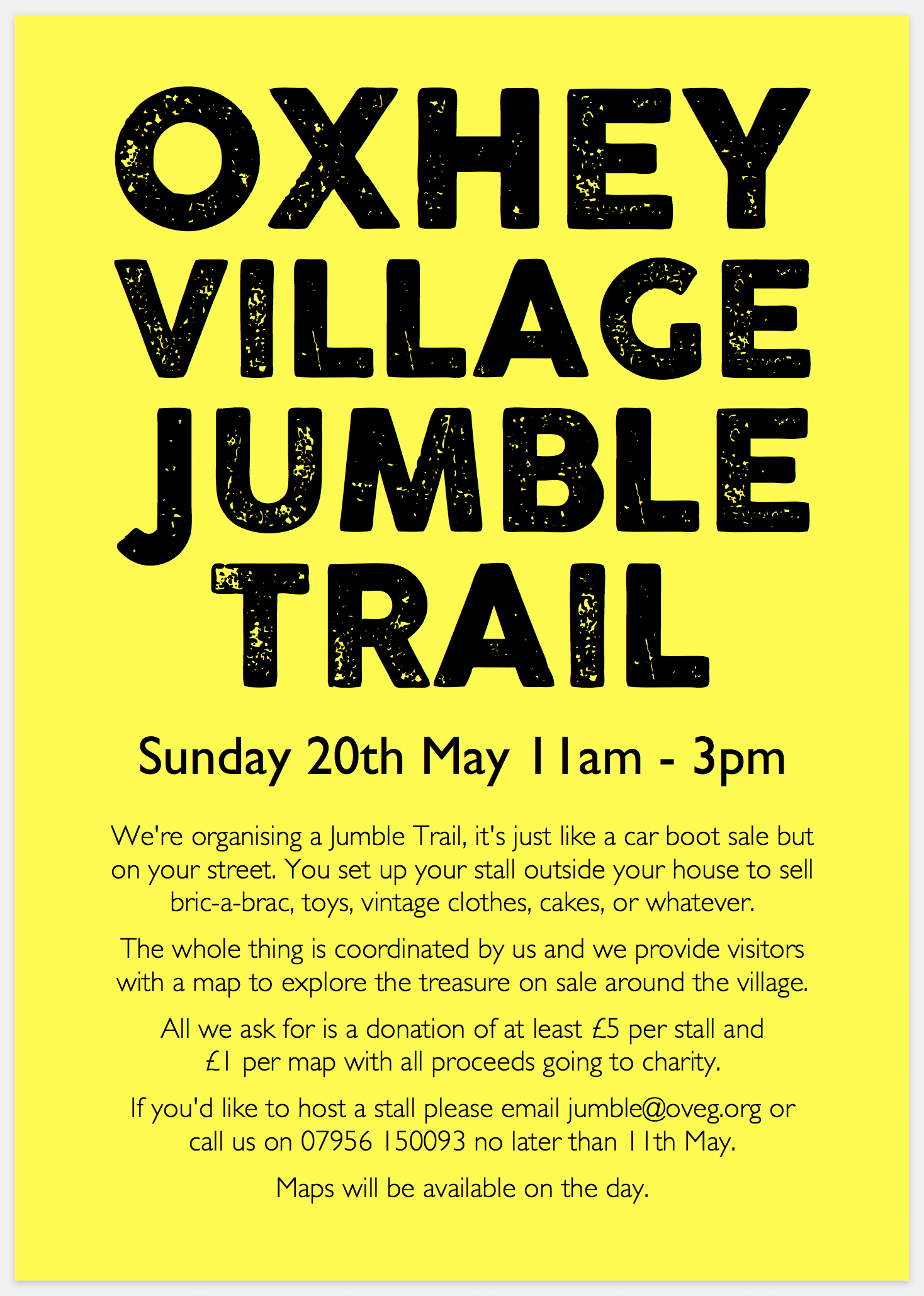 A poster asking for registrations for the second Oxhey Village Jumble Trail on