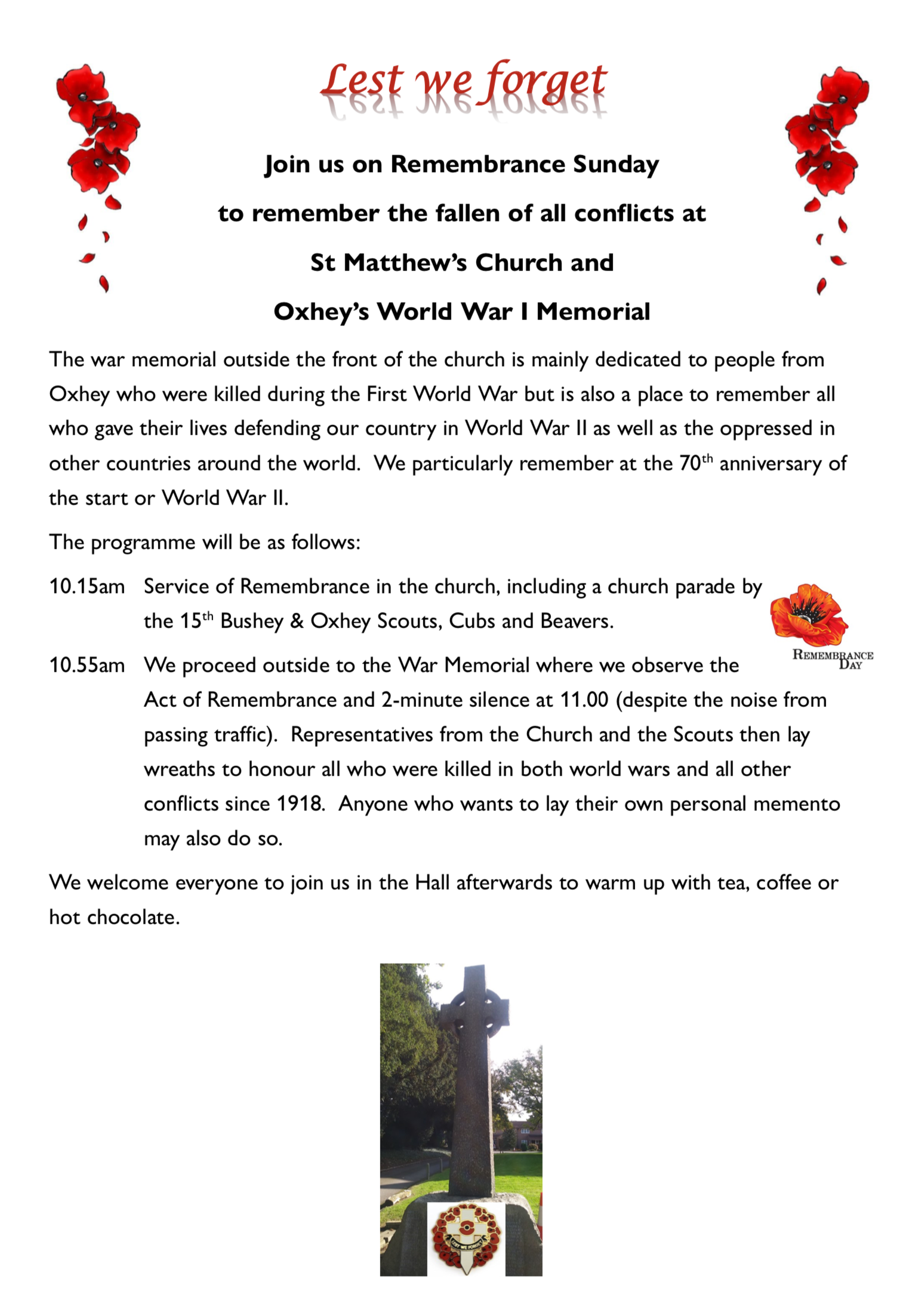 Remembrance day service at St Matthews Church Oxhey 10 November 2019