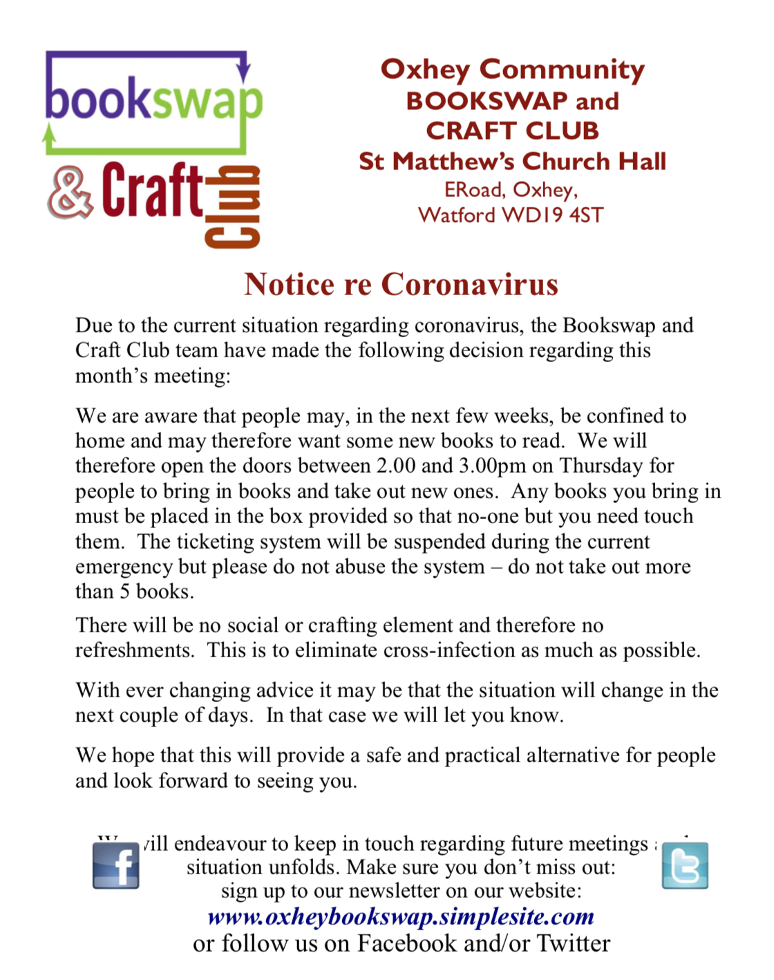 St Matthew’s book swap postponed by coronavirus