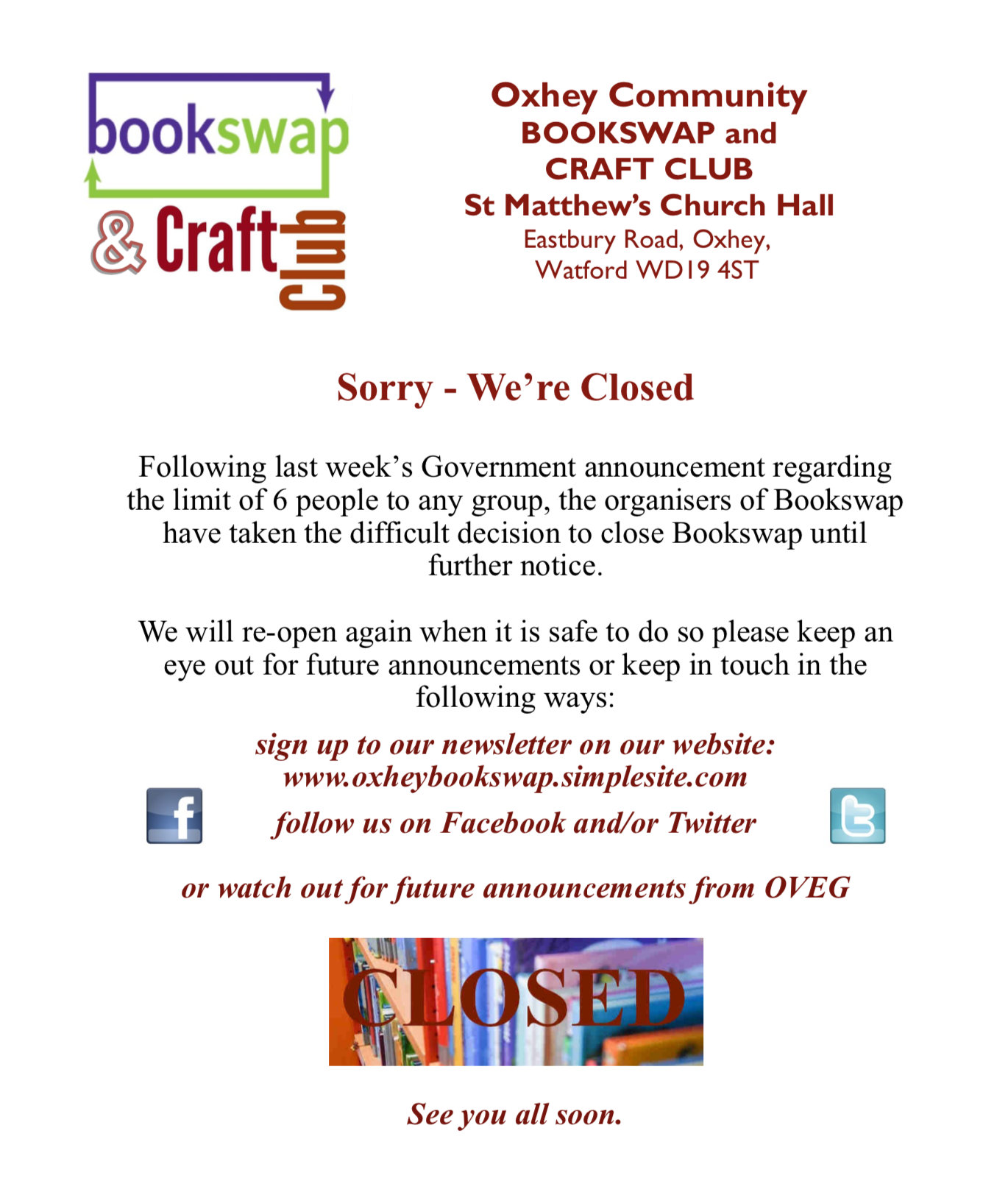 St Matthew’s book swap closed for now