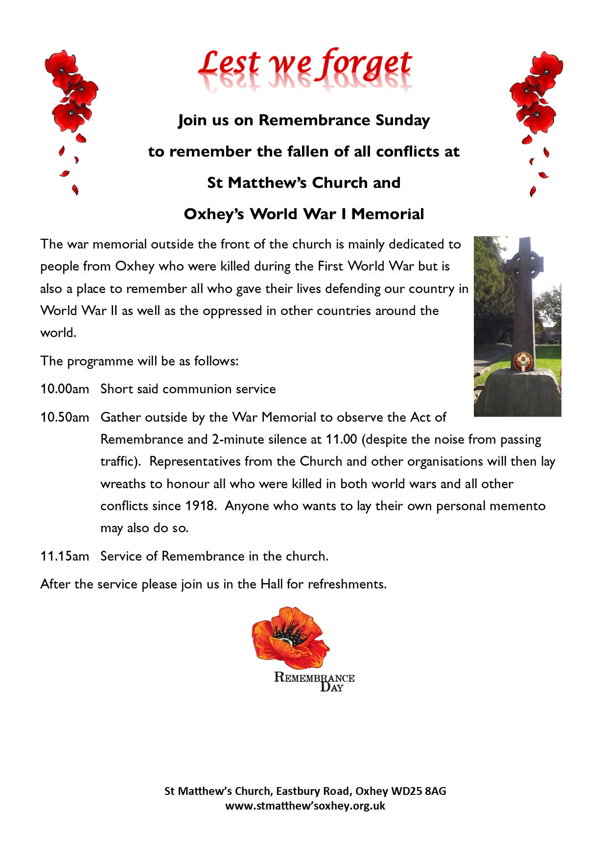 Remembrance Sunday service at St Matthew's Church in Oxhey Village