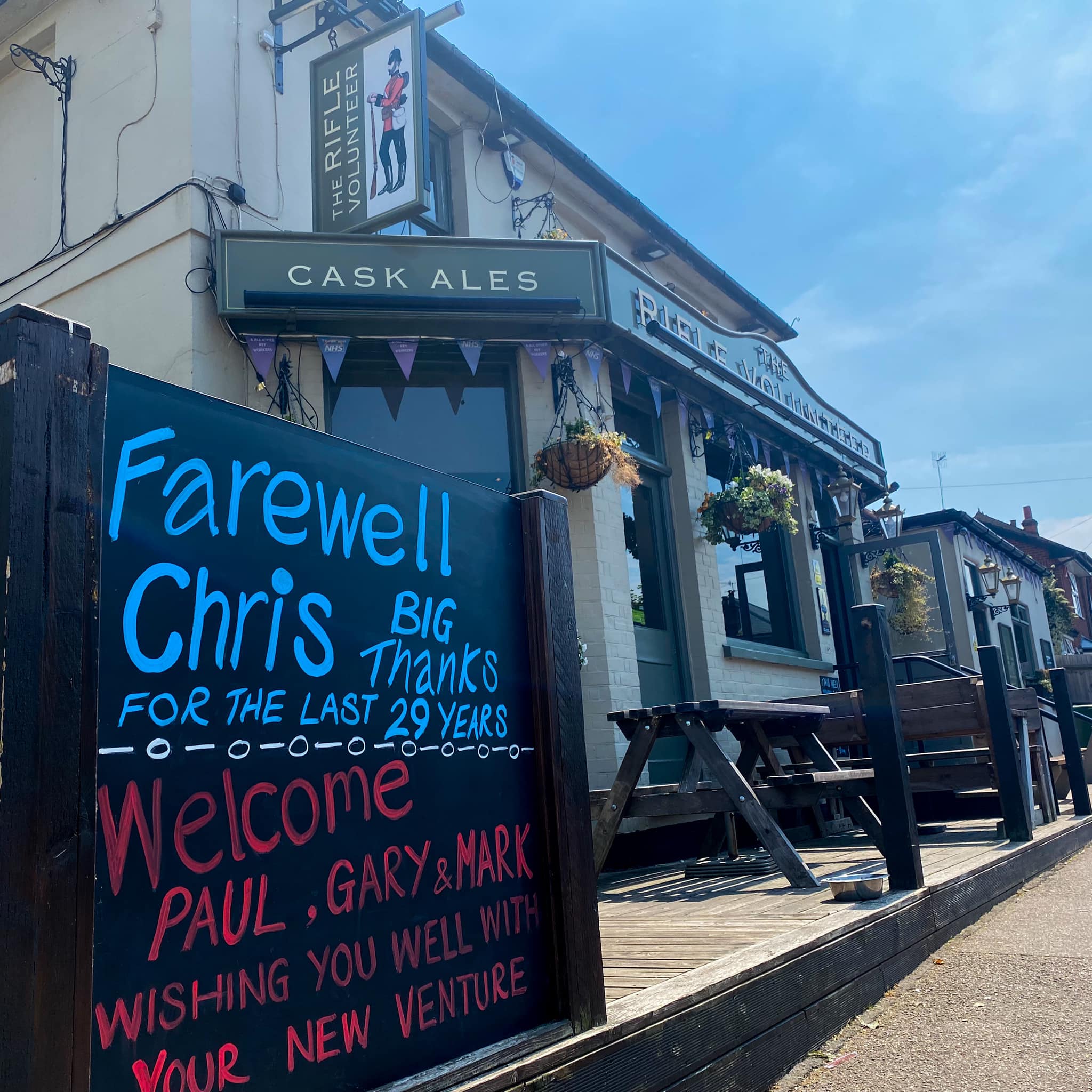 A sign outside the Rifle Volunteer Oxhey Village, in June 2023, saying thank you to departing landlord Chris Pyrke