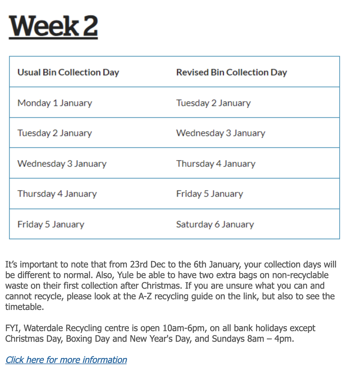 Dates for bin collections in Watford over the 2023 Christmas and new year period