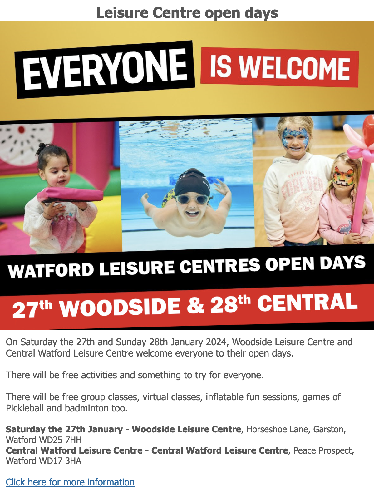 Leisure centre open days this January