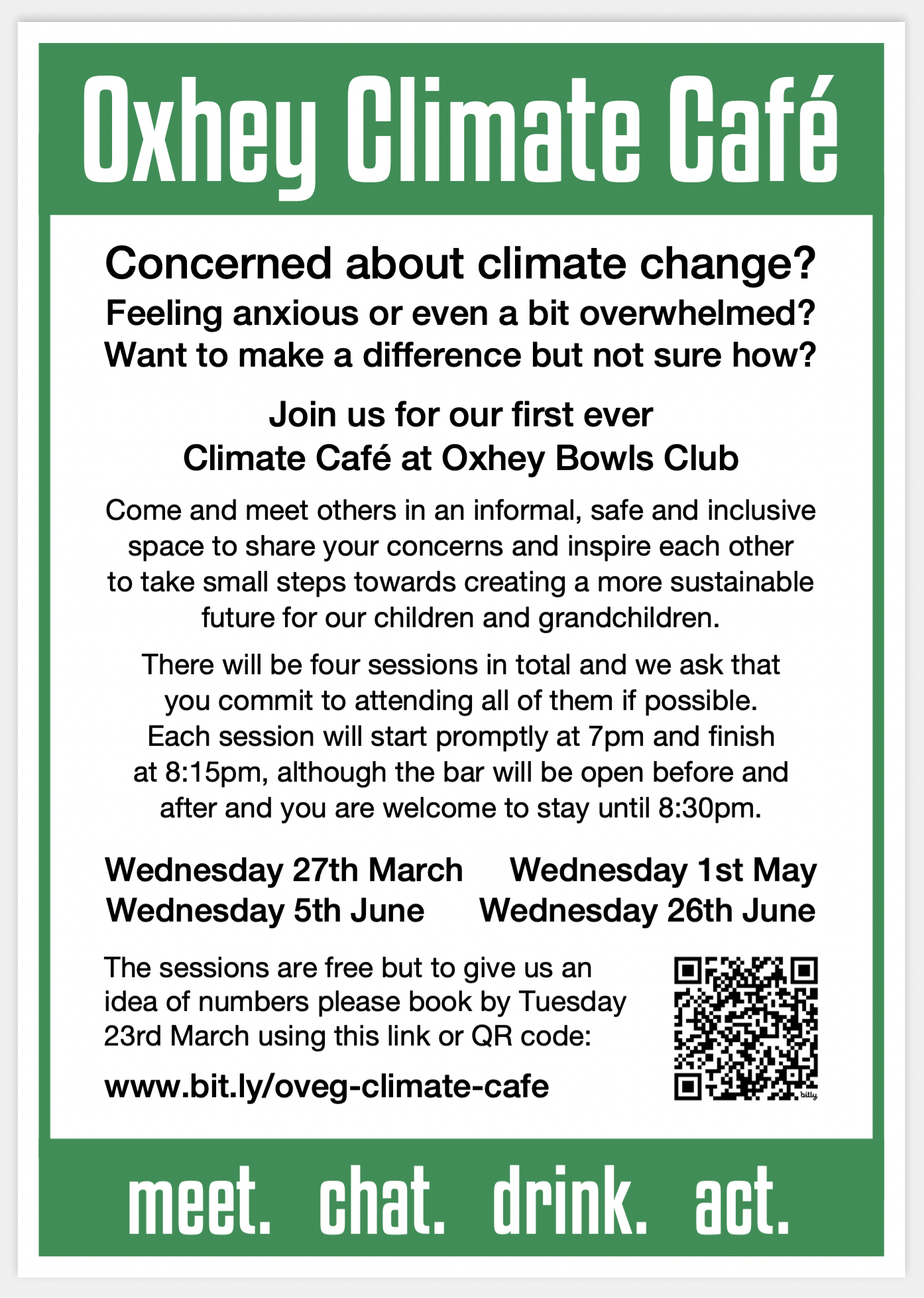 Dates for the Oxhey Climate Cafe in spring 2024