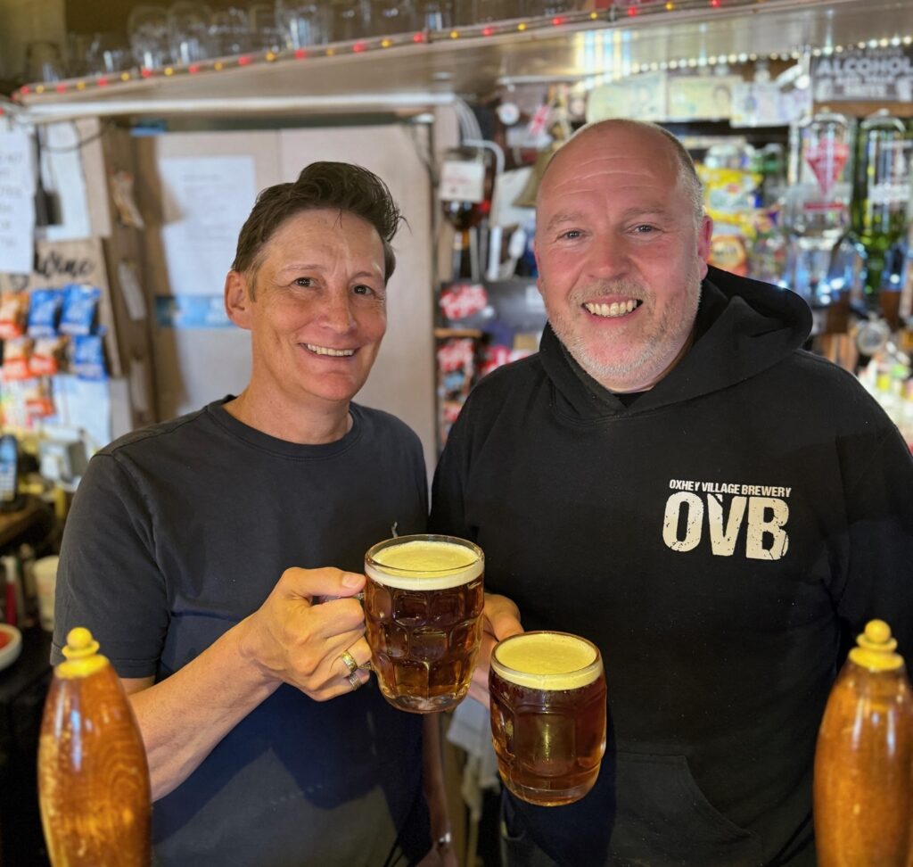 Jules Wattam, Landlord of the Load of Hay, with Simon Jacques Oxhey from Village Brewery