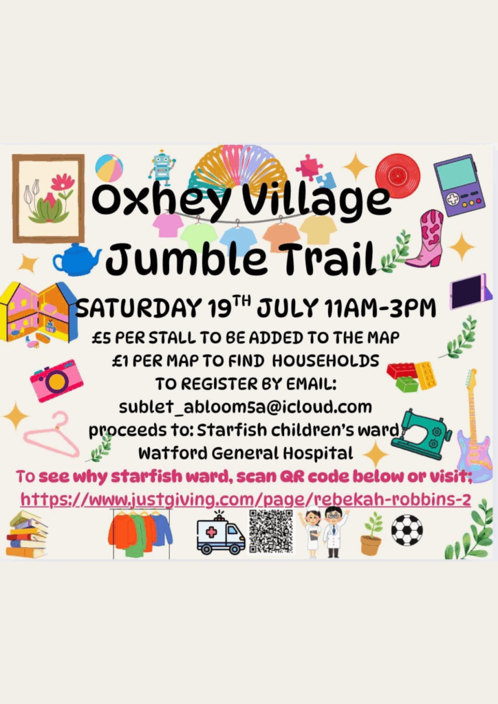 A resident has organised a jumble trail in Oxhey Village on 19 July 2025