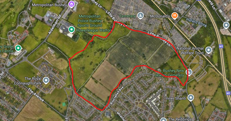 Map of the Farm Way green belt planning application in Bushey , Hertfordshire
