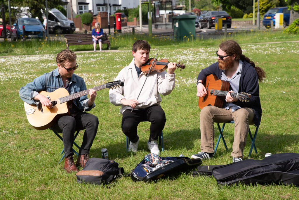 The Skylark Trio gypsy jazz band play on Watford Heath at Oxhey Jazz Steps 2023