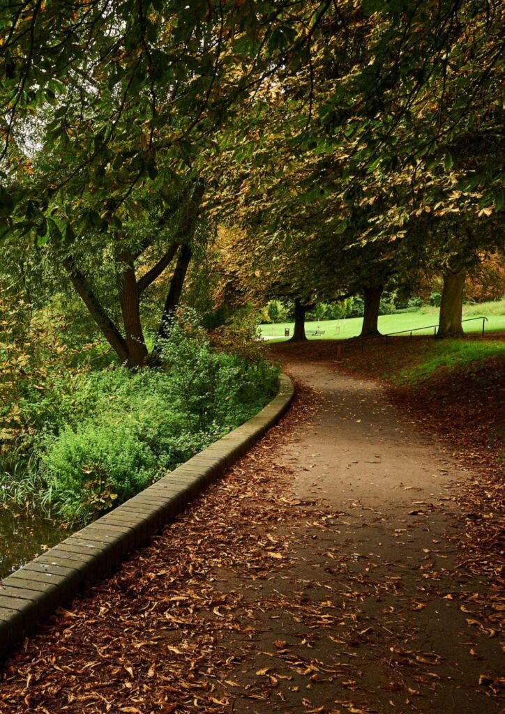 A riverside path in Oxhey Park in Oxhey Village, near Watford