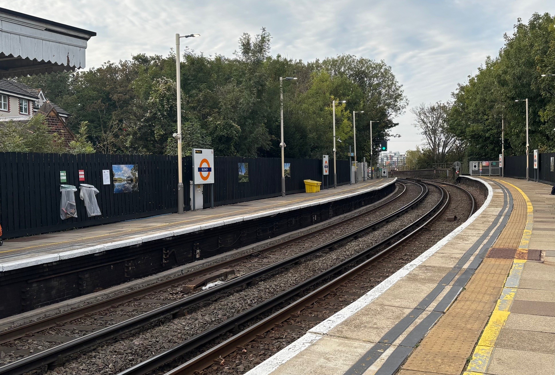 The view Bushey station's Overground platform 2 in October 2025