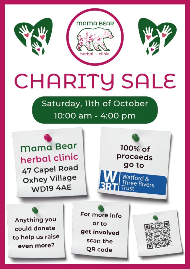 A poster for a charity sale at Mama Bear Herbal Clinic in Oxhey Village on 11 October 2025