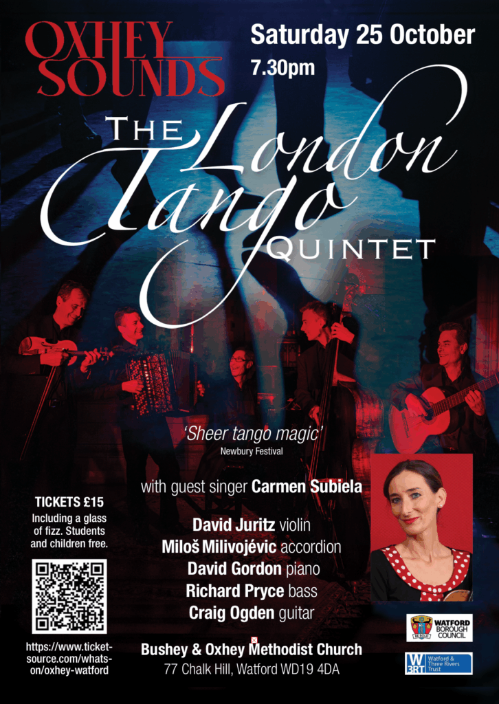 A poster for the Oxhey Sounds concert on 25 October 2025 featuring the London Tango Quintet