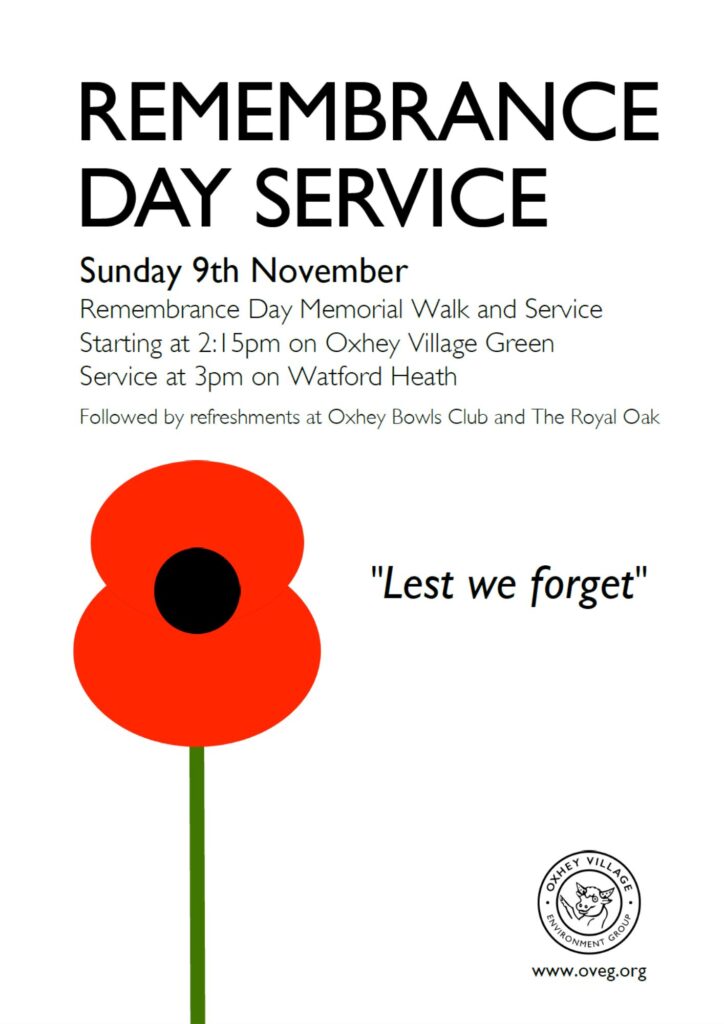 A poster for OVEG's Oxhey Village Remembrance Day service on Sunday 9 November 2025