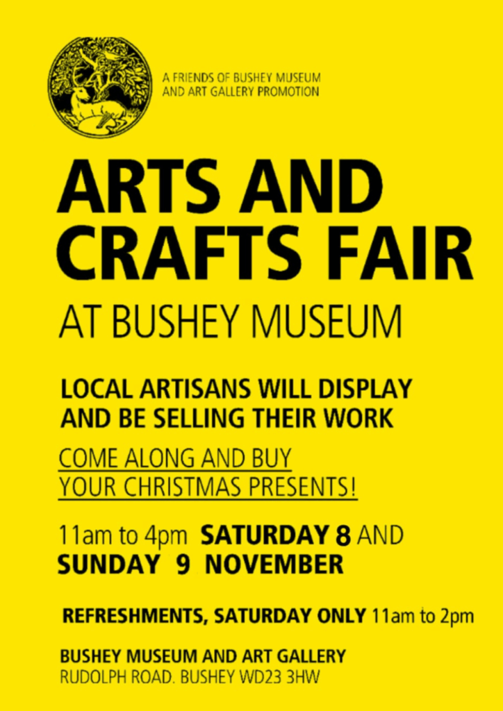 A poster for the arts and crafts fair at Bushey Museum on 8 and 9 November 2025