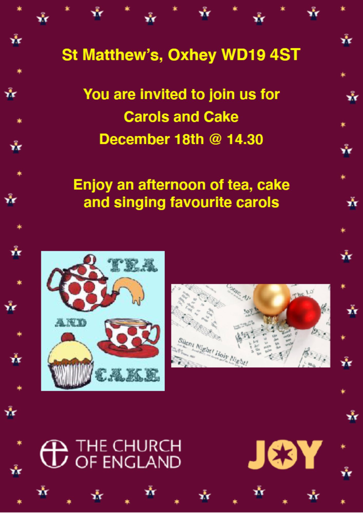 A poster for a carols and cake afternoon at St Matthews Oxhey on 18 December 2025