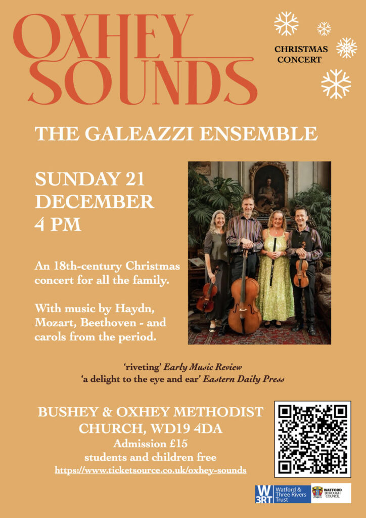 A poster for the Oxhey Sounds concert featuring the Galeazzi Ensemble on 21 December 2025