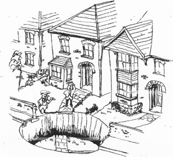 An illustration of the Great Hole of Oxhey Village, in Watford, drawn by Ian Mackay