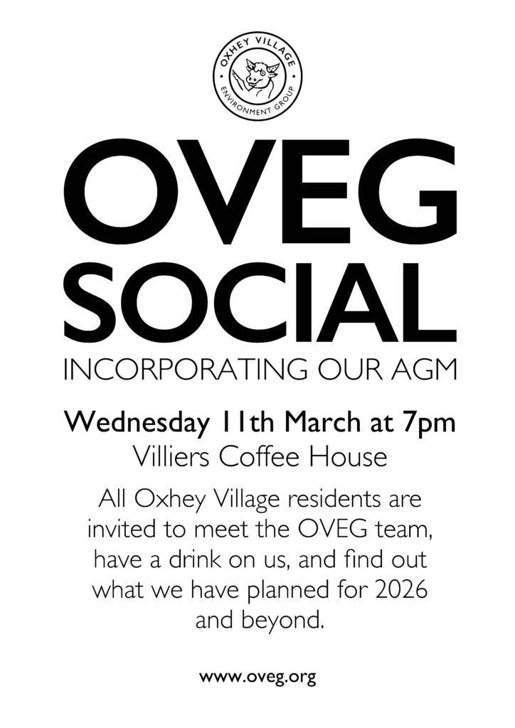 A poster for the OVEG Social and AGM on 11 March 2026 at Villiers Coffee House in Oxhey Village Watford