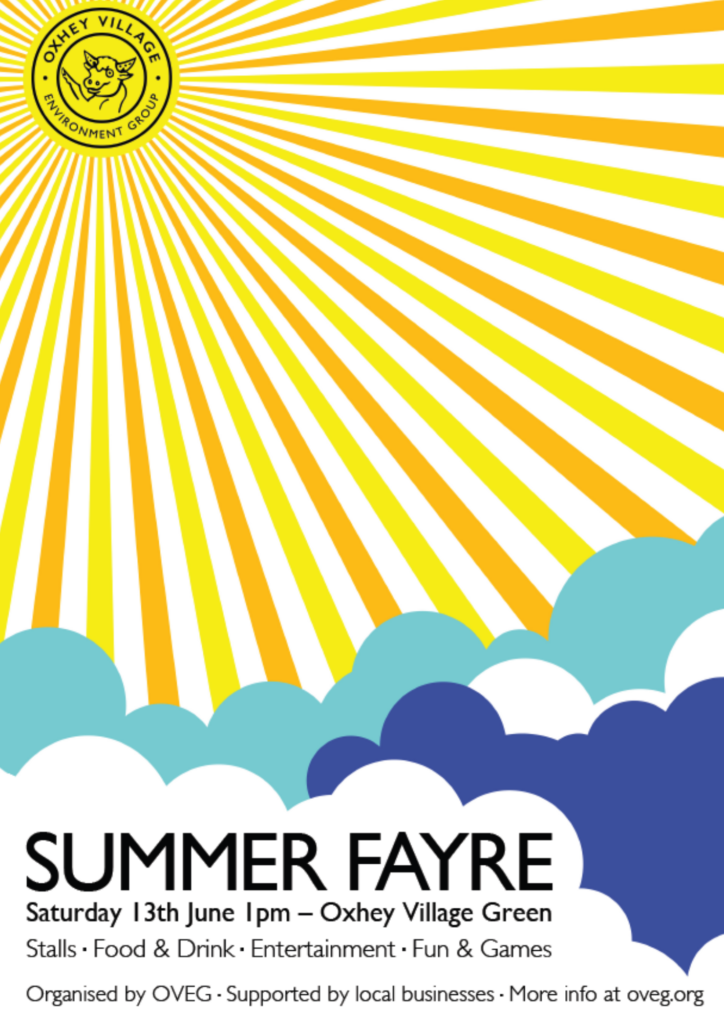 A poster for OVEG's Oxhey Village Summer Fayre in Watford on Saturday 13 June 2026