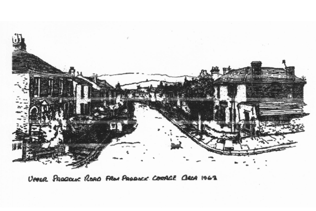 A drawing of Upper Paddock Road and the Haydon Arms in 1962, as viewed from Paddock Cottage