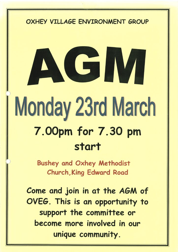 A poster for Oxhey Village Environment Group's annual general meeting, held on 23 March 2009