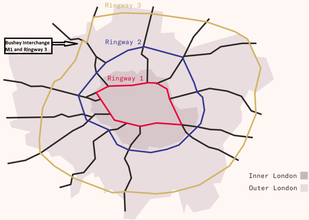 A map of the proposed, but largely cancelled, London Ringways 1 to 3 motorway projects