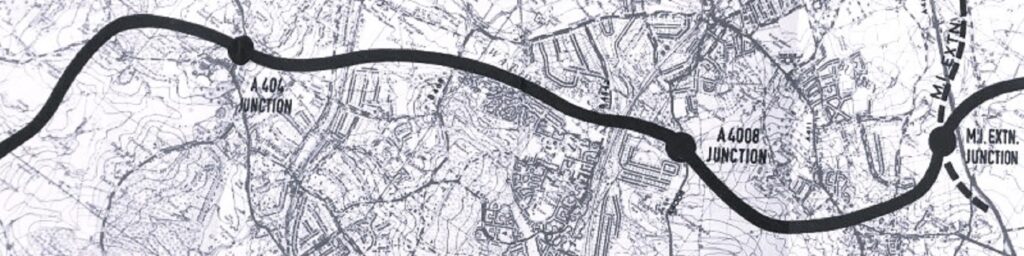 A map of the proposed but cancelled London Ringways motorway project running from Moor Park to Bushey