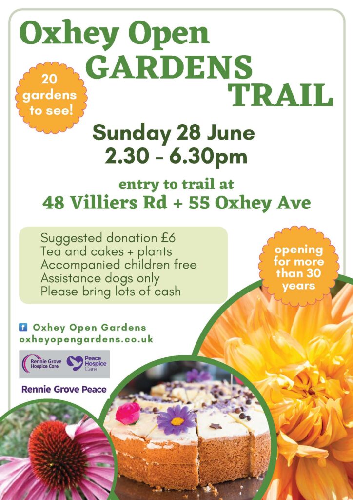 A poster for Oxhey Open Gardens on Sunday 28 June 2026 in Watford