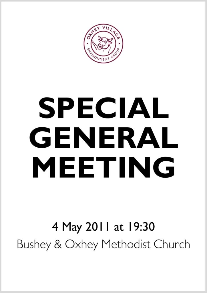 A poster for OVEG's Special General Meeting held on 4 May 2011 at Bushey and Oxhey Methodist Church